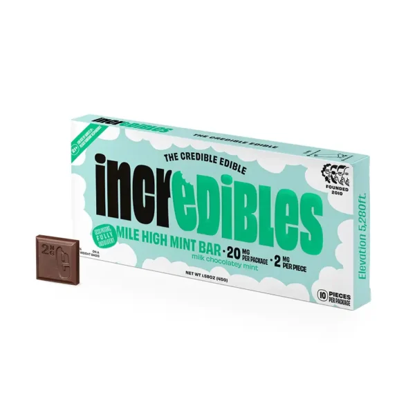 250328_Incredibles-HEMP-Choco-MileHighMint-LowDose-Carton-wChoco-R-Img1 Mile High Mint Chocolate Bar - 20mg / 100mg