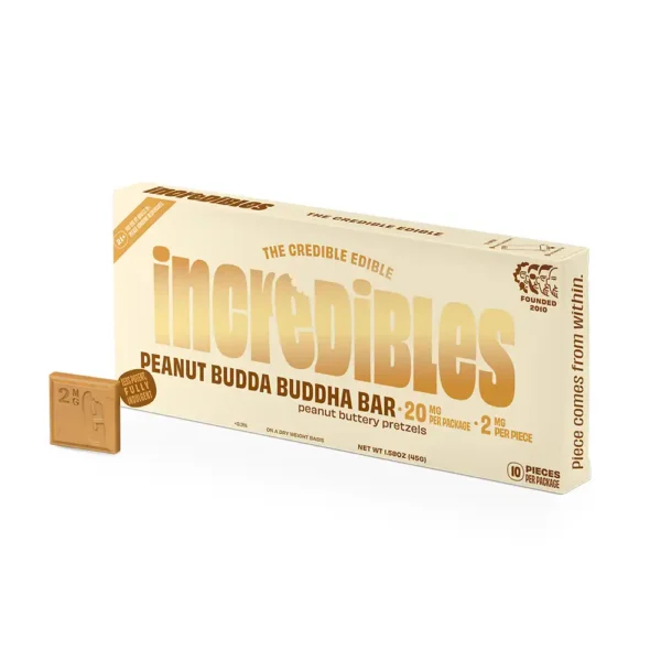 250328_Incredibles-HEMP-Choco-PeanutBuddaBuddha-LowDose-Carton-wChoco-R-Img1 Peanut Budda Buddha Chocolate Bar - 20mg / 100mg